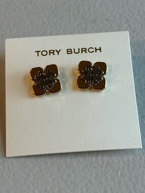 Tory Burch Stud Earrings Clover Logo Gold Black Enamel New